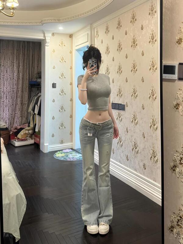 Light Blue Washed Flared Jeans for Women 2026 Spring/Summer Lace Patchwork Low-Waist Slim Fit Flared Pants