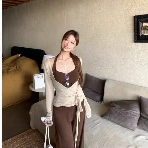 韩系辣妹秋季新款挂脖吊带长袖交叉上衣休闲裤绑带开衫套装三件套|undefined