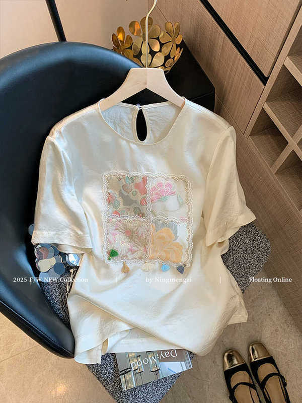 新しい中国風のジャカード刺繍半袖Tシャツ夏の新しいハイエンド気質年齢を軽減するサテンレディーストップ|undefined