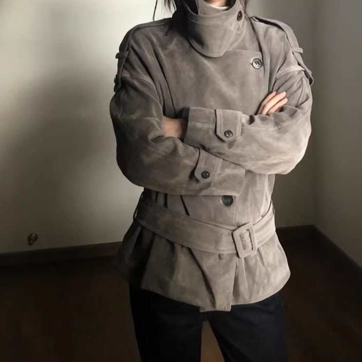 2026 Spring/Summer New Style Cool Gray Double-Breasted Padded Jacket Commuter Slimming Top Suede Windbreaker Jacket for Women