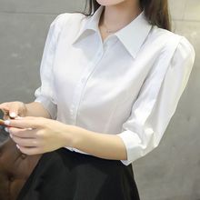 中袖衬衫女学生韩版宽松职业装领泡泡袖衬衫女五分袖衬衣工作服