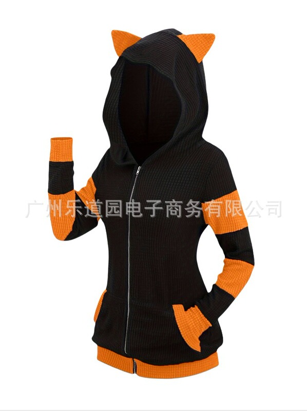 跨境欧美时尚大码女装秋冬新款加厚猫耳朵拉链拼色连帽卫衣外套|undefined