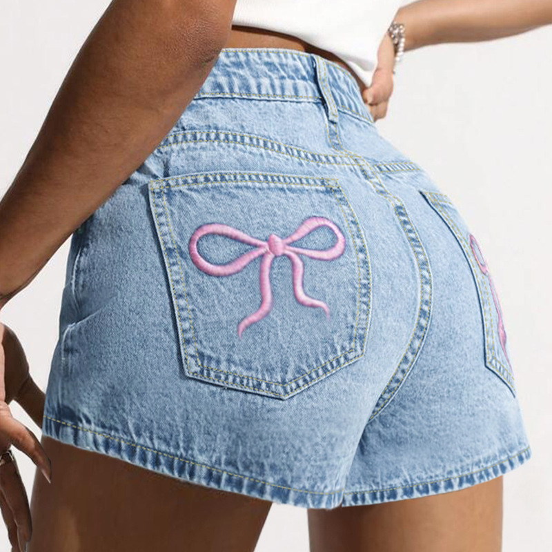Cross-Border Foreign Trade Amazon European and American Source Factory Wholesale Hot Girl Bow Embroidery Light-Colored Denim Shorts for Women