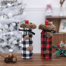 跨境热款圣诞毛绒红黑格子布酒瓶套红酒套家具装饰派对餐桌布置袋