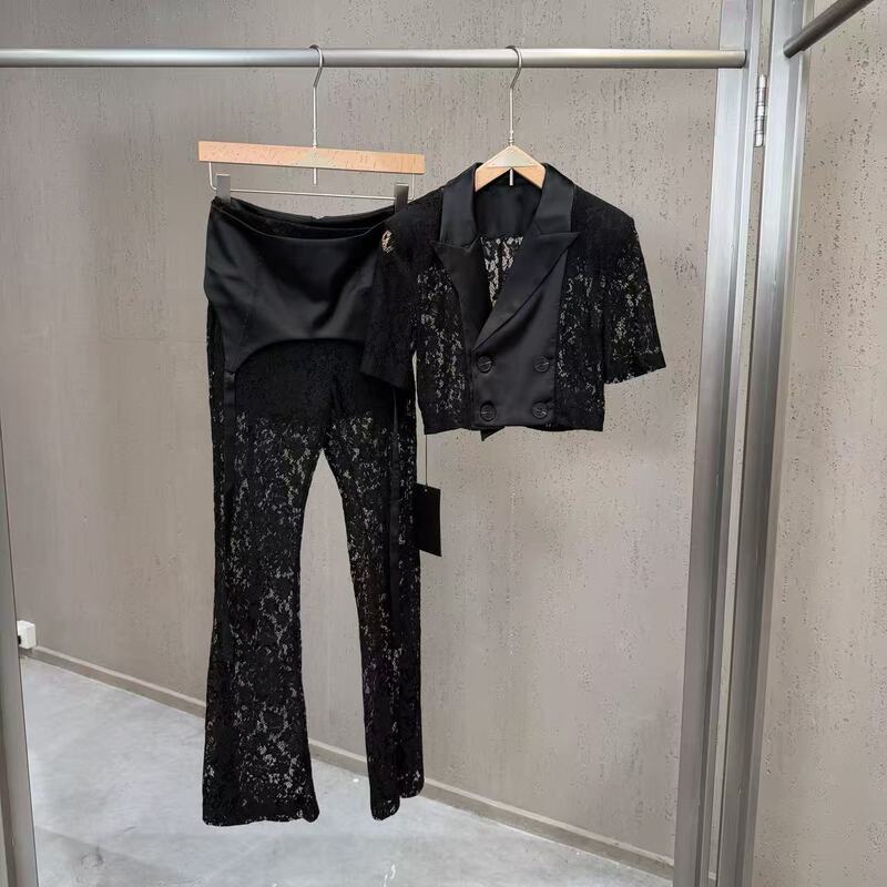 Cross-Border European and American 2026 Summer Black Lace Suit Set for Women, Summer Hollow-Out Short Jacket and Long Pants Two-Piece Fashion Set
