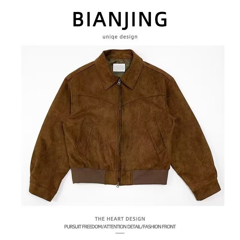 เสื้อโค้ทแบบสั้นหนังกลับแนวสูงสำหรับผู้ชายเสื้อแจ็คเก็ตปกมีซิปใส่ด้านนอกสำหรับฤดูใบไม้ผลิและฤดูใบไม้ร่วงเสื้อแจ็คเก็ตลำลองบินสไตล์เกาหลี