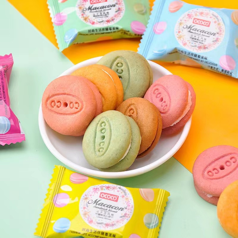Domestic OCOCO Macaron Flavor Mixed Strawberry Cream Lemon Filled Biscuits 376g Bag, 12 Bags Per Box