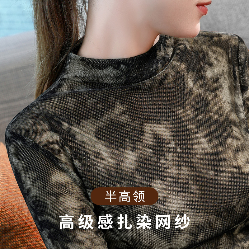 Camisa de fondo de cuello medio alto flocado mujer 2024 nueva ropa de mujer con top de malla de temperamento fino de otoño e invierno image 1