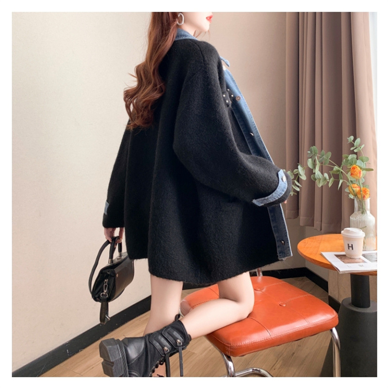 Damen Strickjacke Mit Denim-einsätzen Langer Strickpullover_voghion.com