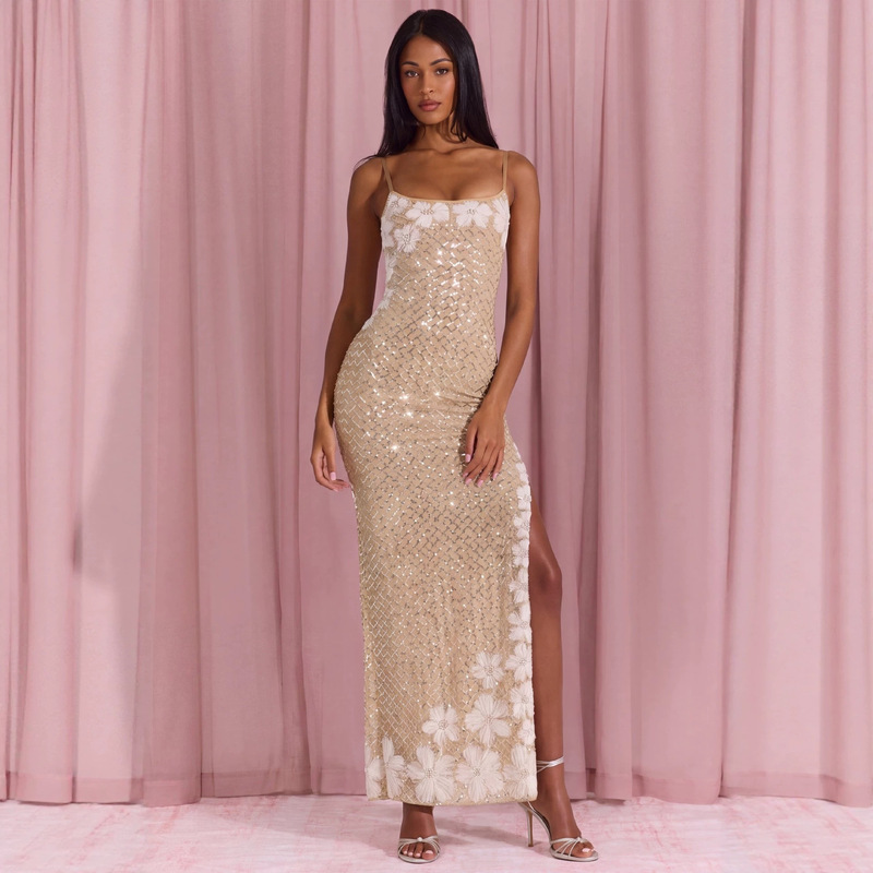 Women's long evening dress with straps, beaded sequins, three-dimensional floral embroidery, and a slit, slim fit, for cross-border proms Women's long evening dress with straps, beaded sequins, three-dimensional floral embroidery, and a slit, slim fit, for cross-border proms