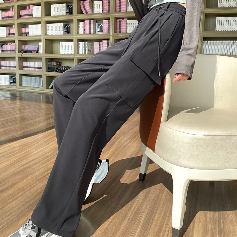 アメリカの服装のズボンの女性の春秋2024の新型の高腰のまっすぐな筒の広い足の束のズボンの個性のレジャーの運動のズボンの潮|undefined