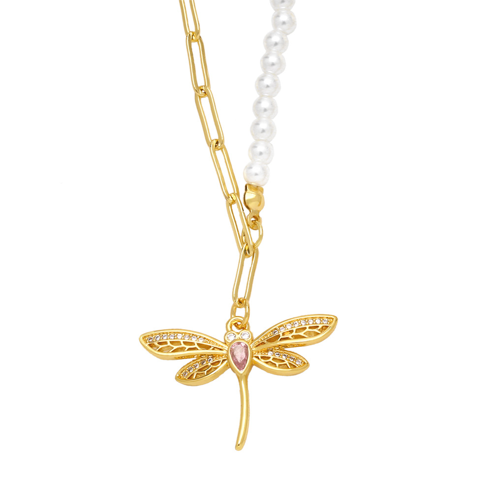Fashion Dragonfly Copper Pendant Necklace Pearl Plating Inlay Zircon Copper Necklaces
