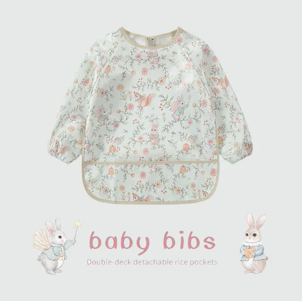 Danish Baby Bibs, Baby Eating Smocks, Kidsren's Four-Season Waterproof Rice Pockets, Oil-Proof Bibs, Long-Sleeved Reverse Dressing