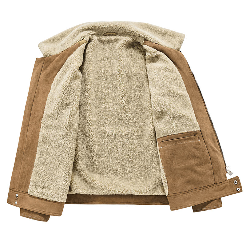 Abrigo de algodón acolchado de gamuza para hombres Otoño e Invierno ropa de trabajo vintage abrigo de algodón acolchado Cuello de piel Chaqueta de algodón acolchado chaqueta forrada de lana de cordero