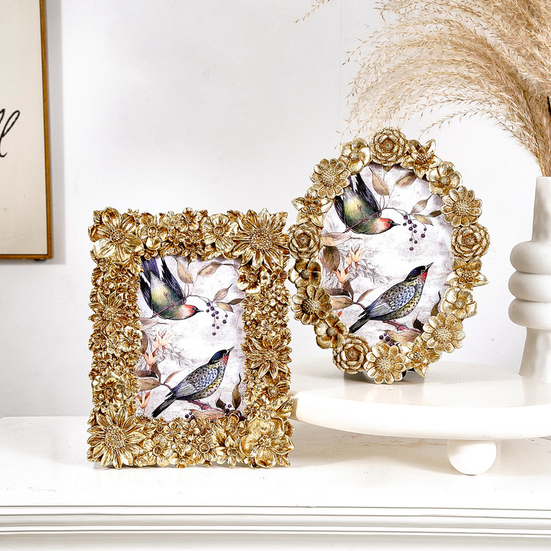 Resin Material Creative Golden Bird Garland Flower Pattern Decorative Photo Frame Home Desktop Warm Photo Display