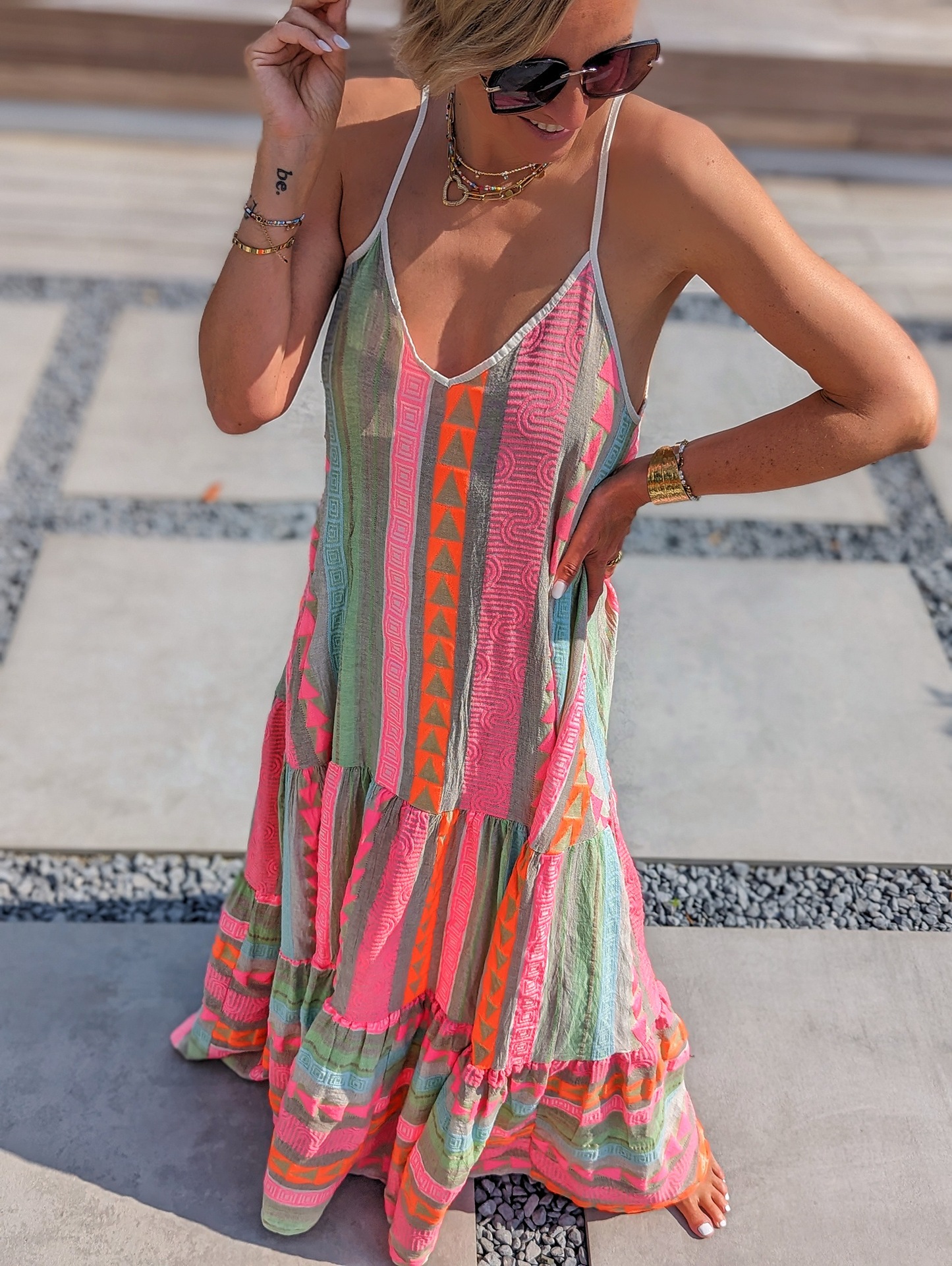 Printing, Backless Design Wholesale Women's Streetwear Printing Backless Geometric Travel Selfie V Neck Sleeveless Regular Dress
