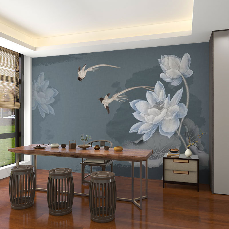 壁画3d立体中式意境荷花电视背景墙壁纸客厅壁布装饰墙布墙纸|undefined