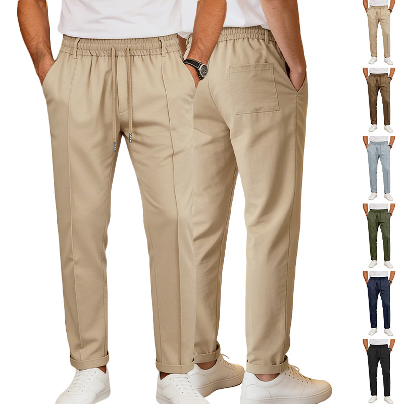 Europa y Estados Unidos ropa de hombre transfronteriza de verano suelta transpirable cintura alta correa de algodón de tela de algodón de entrelazado pantalones casuales de hombre