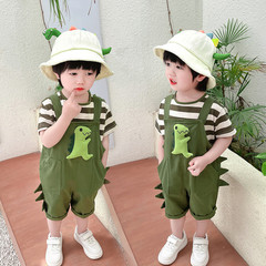 夏季新款男童休閒牛仔背帶褲兩件套男寶寶條紋衛衣短袖套裝潮