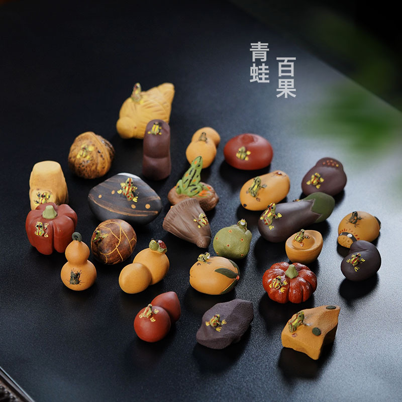 宜兴紫砂茶宠喷水西瓜摆件茶具配件手工青蛙南瓜莲子小雕塑批发