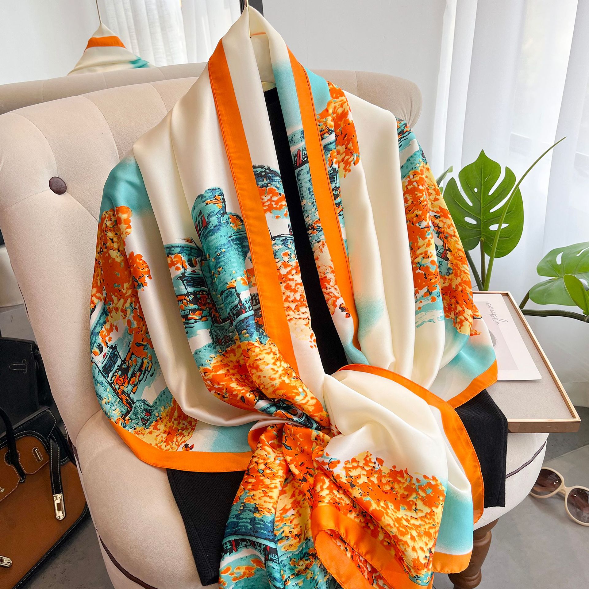 Women's Elegant Basic Color Block Flower Satin Scarf display picture 4