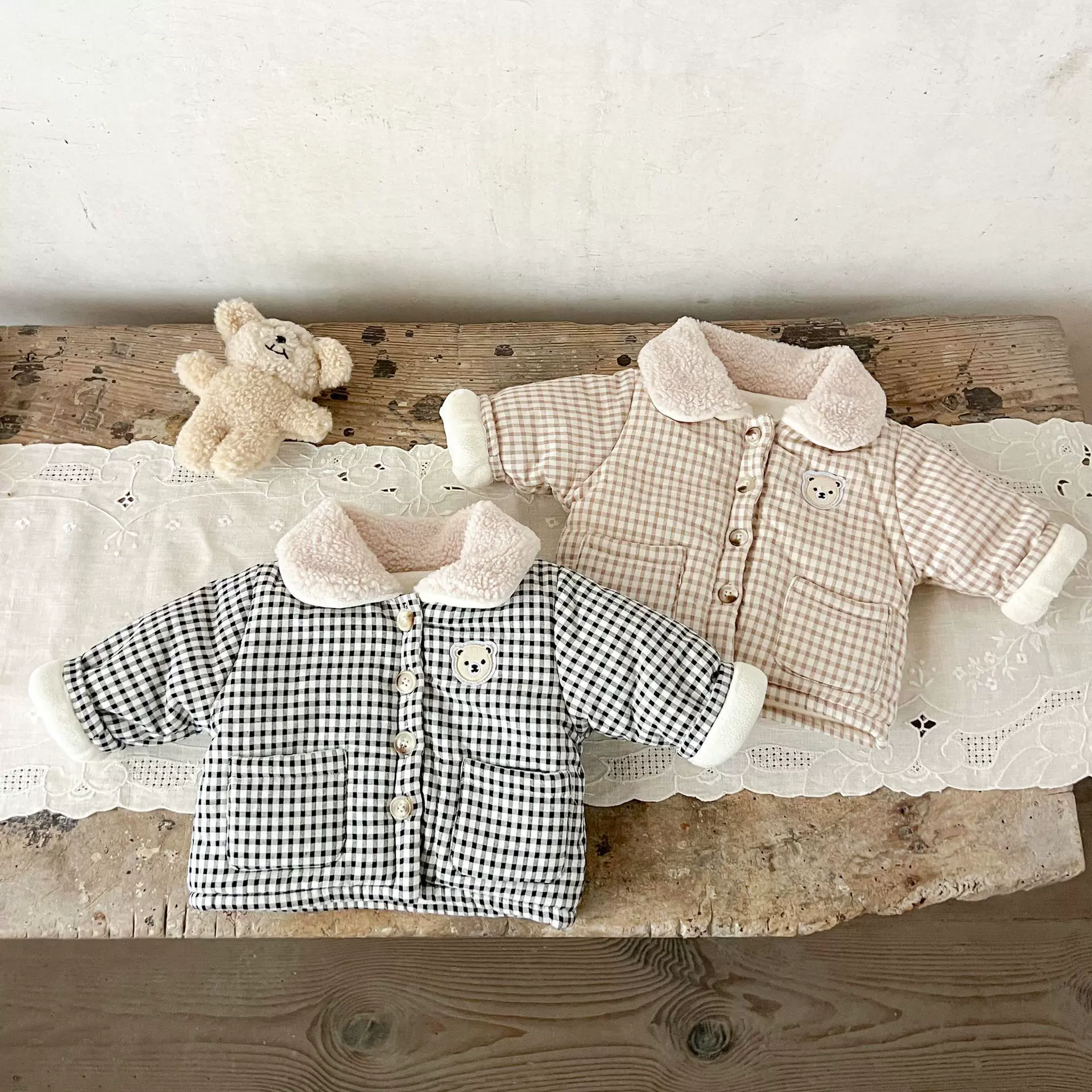 ins韩版男女童宝宝格子翻领刺绣棉衣外套冬季婴幼童保暖加绒棉衣