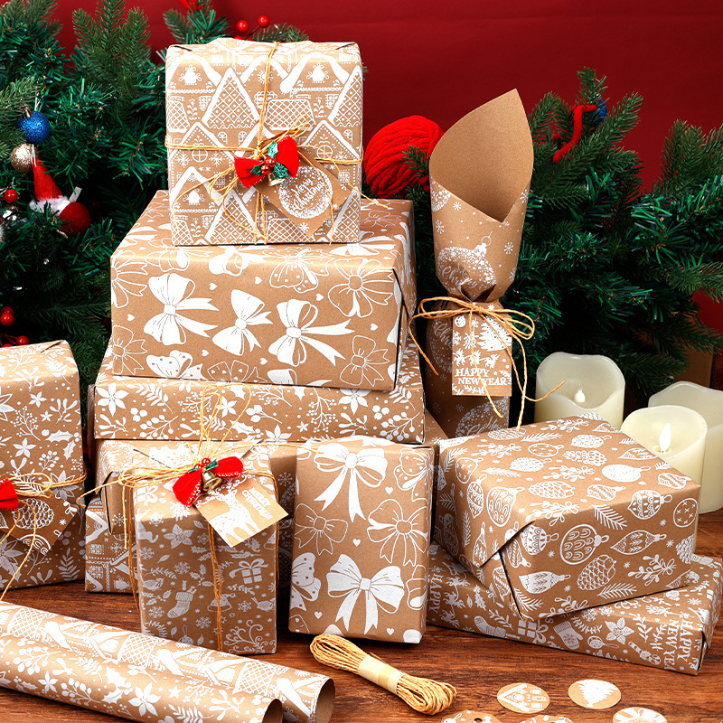 Explosiones transfronterizas de papel de embalaje de regalos de Navidad blanco 3m 10m papel de regalo de gran tamaño enrollado papel de papel retro kraft