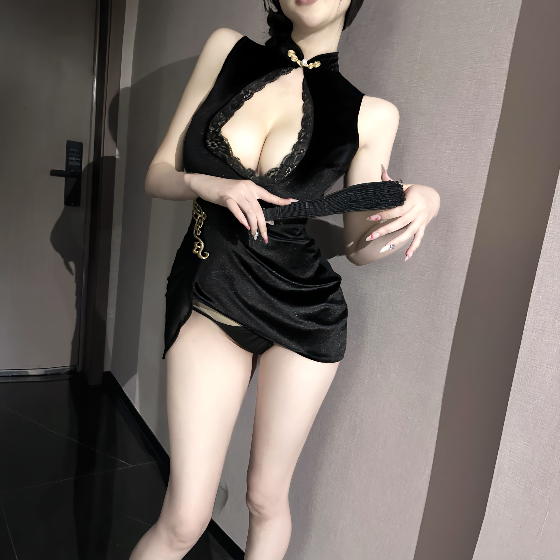 Sheer Lace Cheongsam Uniform Set with Stand Collar, Deep V-Neck and Hollow-Out Design — detail image 4
