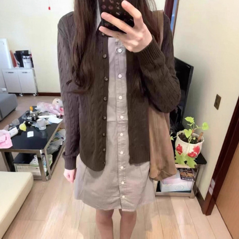Bm Style Knitted Cardigan Autum New Hemp Pattern Women's Button Sweater Slim Slim Preppy Style Top Jacket for Women
