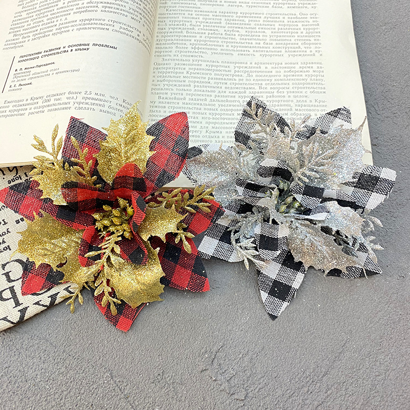 Amazon New Christmas Flower Christmas Red Grid Gold Powder Flower Three-Layer Gold Powder Flower Christmas Decoration