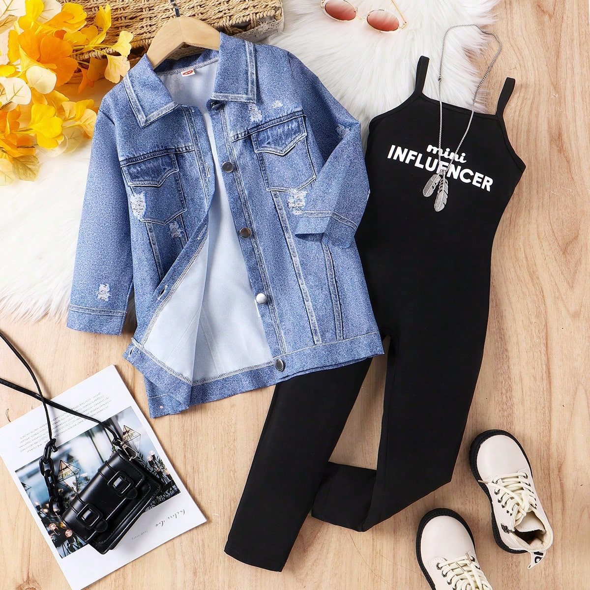 Girls' Children's Two Piece Set Faux Denim Jacket And Suspender Jumpsuit Autumn For Kids Clothing_voghion.com