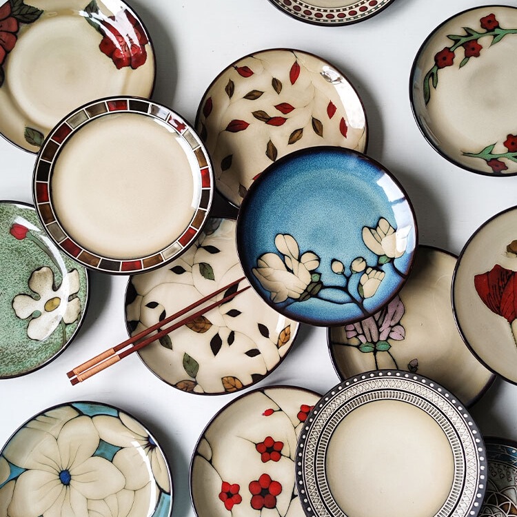 Japanese-Style Retro Tableware Plates Ceramic Dinner Plates Exotic Style Deep Plates Flat Plates Household Fruit Plates with Minor Imperfections