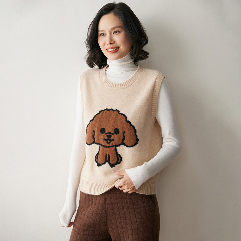 Puppy Teddy Jacquard Sleeveless Vest 2025 Autumn and Winter New Women's Round Neck Loose Slim Pullover Waistcoat