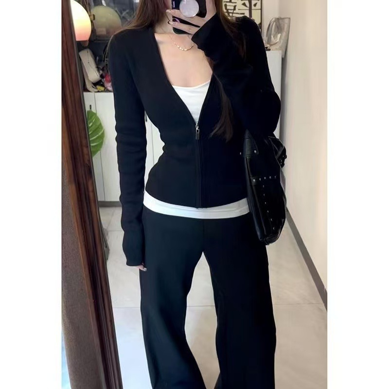 跨境批发秋冬随心裁撞色假两件拉链长袖t恤女式气质修身显瘦上衣|undefined