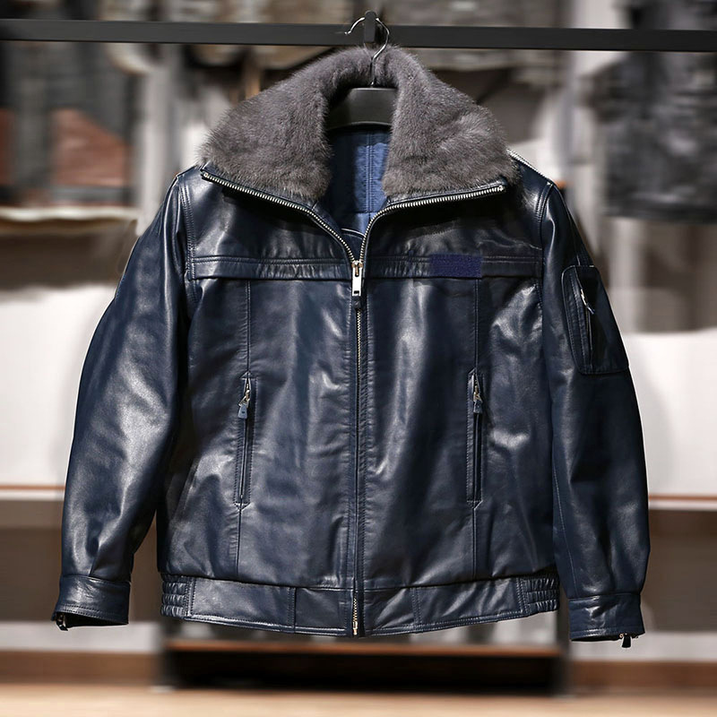 Air Force Pilot Genuine Leather Jacket Men's Mink Fur Collar Blue Sheepskin Leather Jacket Air Force Pilot Genuine Leather Jacket Men's Mink Fur Collar Blue Sheepskin Leather Jacket