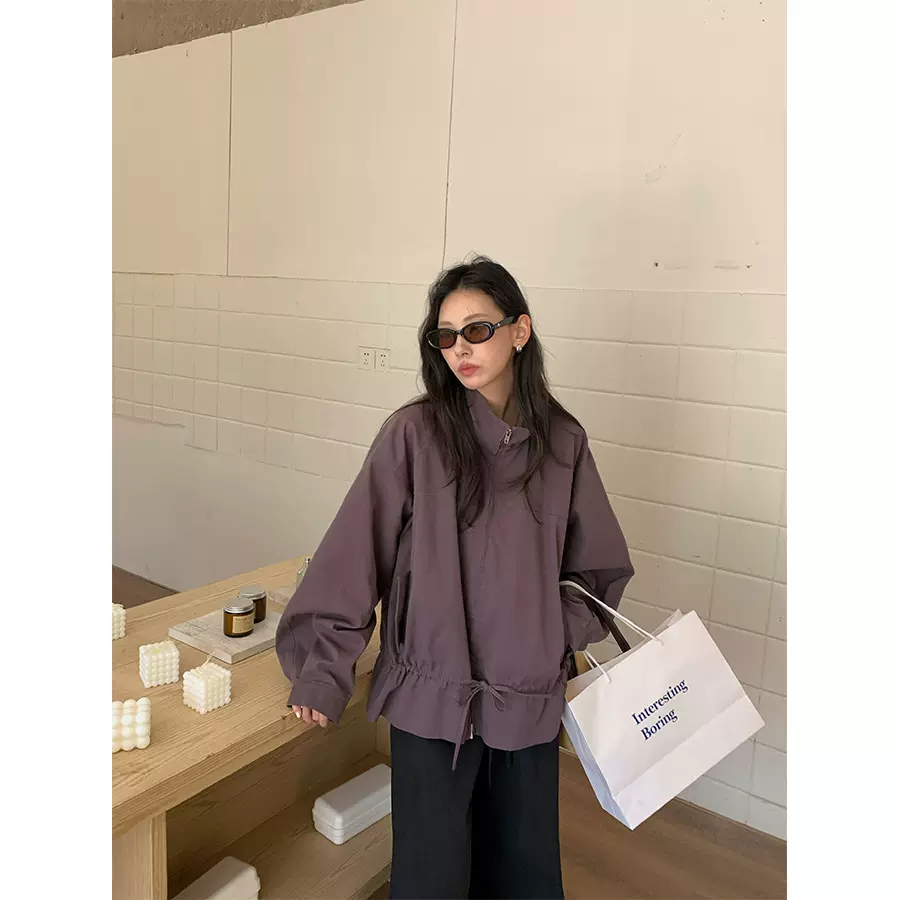 黄峥 韩版水洗做旧宽松立领短款夹克秋冬外套抽绳收腰显瘦530910