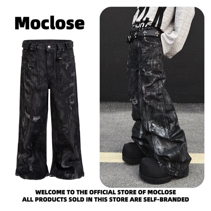 Moclose American-Style Dark Retro Structured Painted Coating Distressed Loose Wide-Leg Flared Jeans for Men and Women Moclose American-Style Dark Retro Structured Painted Coating Distressed Loose Wide-Leg Flared Jeans for Men and Women
