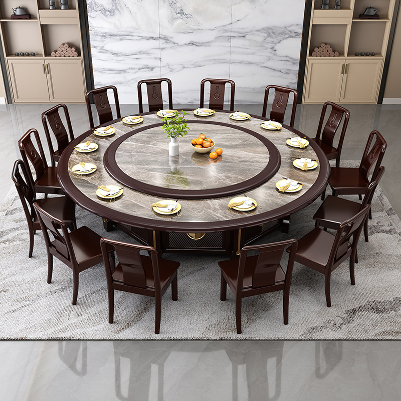 New Chinese style solid wood slate large round table hotel electric rotating round hot pot dining table hotel induction cooker dining table