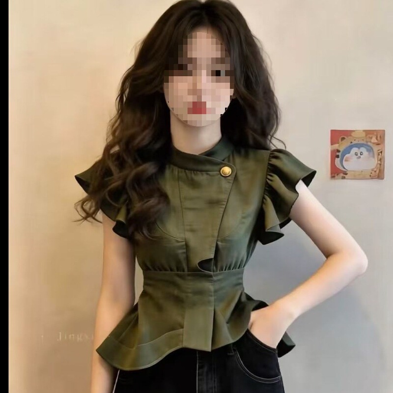 French-Style Design Buttoned Ruffle Shirt for Women, High-Waisted, Elegant, Workwear Style, Plus Size, Fashionable, Spring and Summer, Other