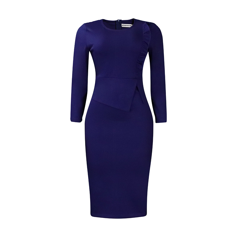 Plus Size Womens Spring Dress Ruffle Trim Solid Color Round Neck Bodycon Fit Office Wear Business Casual