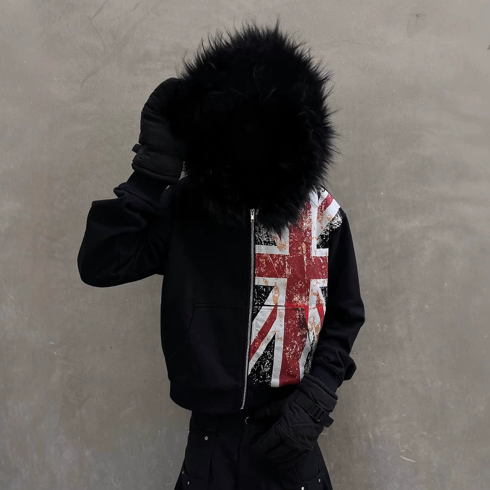 Европейская и американская оптовая продажа, толстовка на молнии с меховым воротником и принтом, пуловер с длинными рукавами, толстовка в стиле ретро, уличная модная куртка y2k