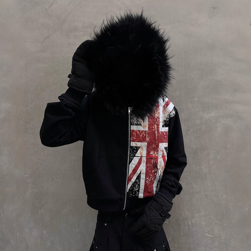 Wholesale European and American Style Instagram-Style Fleece Zip-Up Hoodie with Fur Collar, Long-Sleeved Pullover Hoodie, Retro Jacket, Streetwear Trendy Y2K Style