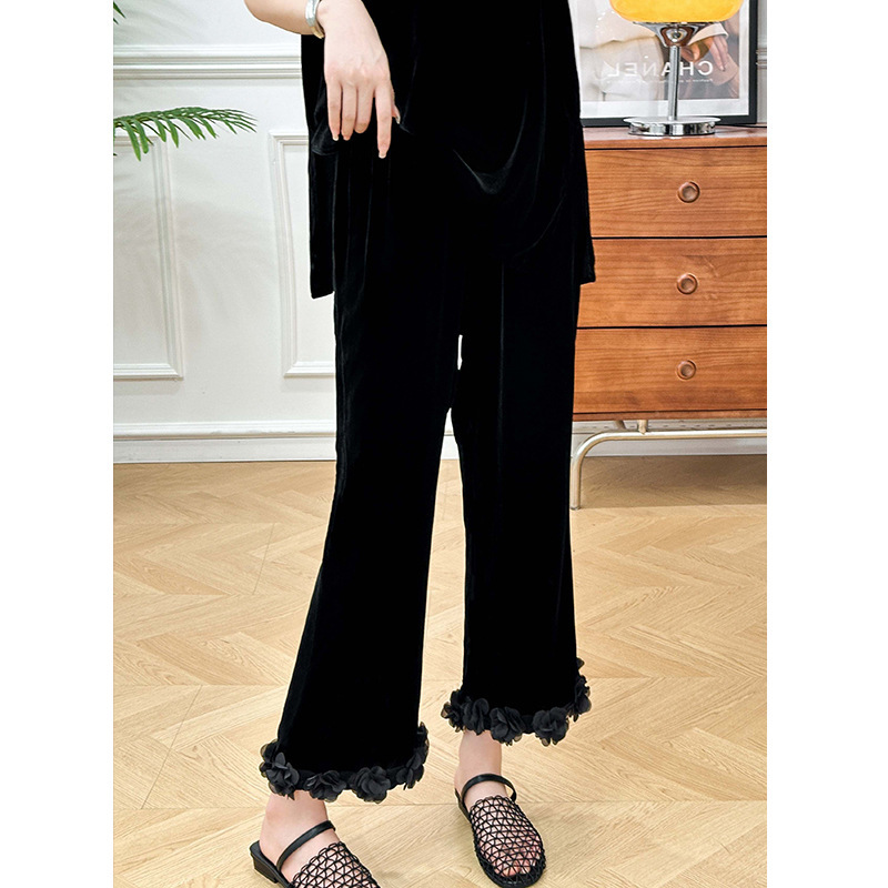 001 Black Silk Velvet Hem Lace Nine-Point Straight Pants, S m L XL Xxl, Non-Returnable and Non-Exchangeable