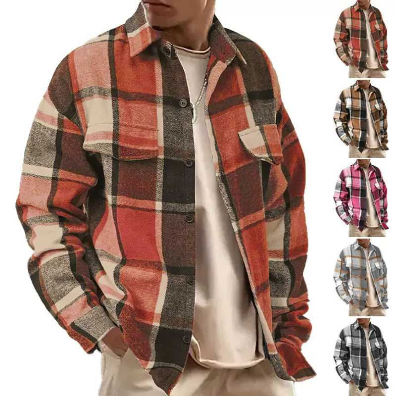 25亚马逊欧美跨境TEMU优雅翻领方格纹男衬衫复古磨毛休闲长袖外套