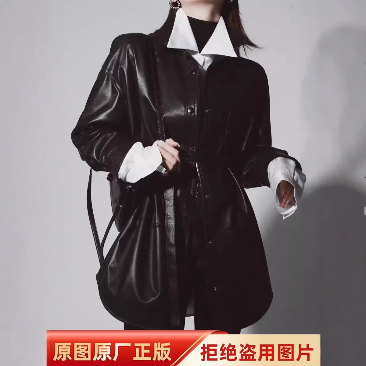 Lambskin Lace-Up Leather Jacket for Women, Short Leather Coat for Petite Figures, Autumn Style, Light Luxury Fashion, Versatile Short Style