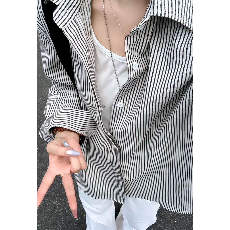 Camicia a maniche lunghe a righe stile retrò americano da uomo, nuova camicia casual ampia di tendenza per primavera e autunno, top hip-hop_voghion.com