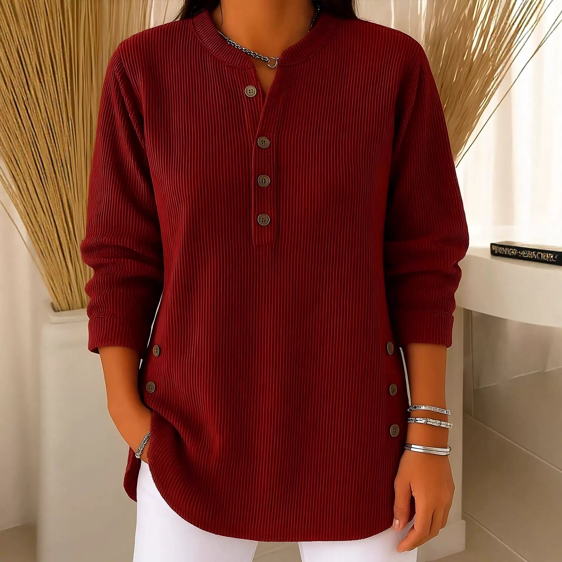 2025跨境欧美秋冬新款灯芯绒纯色宽松休闲V领纽扣长袖女式上衣T恤