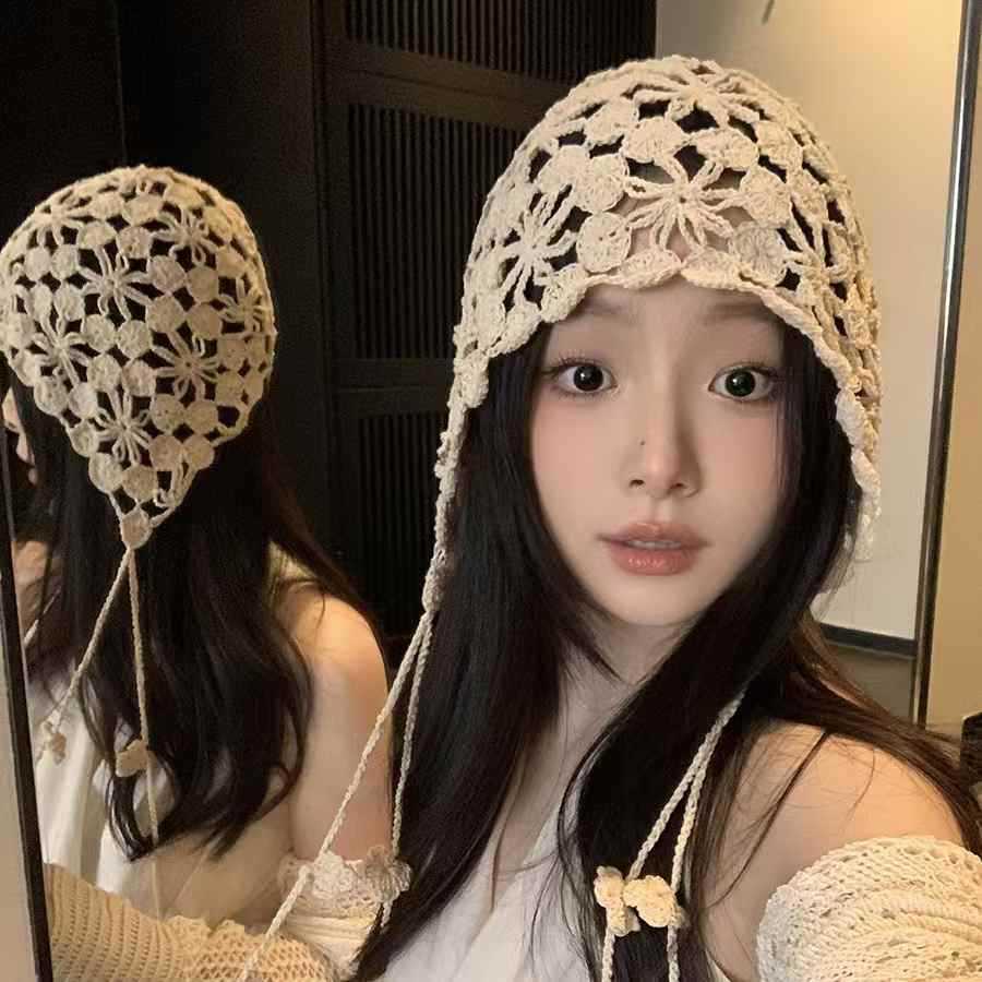 春秋季手工钩针棉线针织包头帽子女大头围优雅休闲出游百搭套头帽