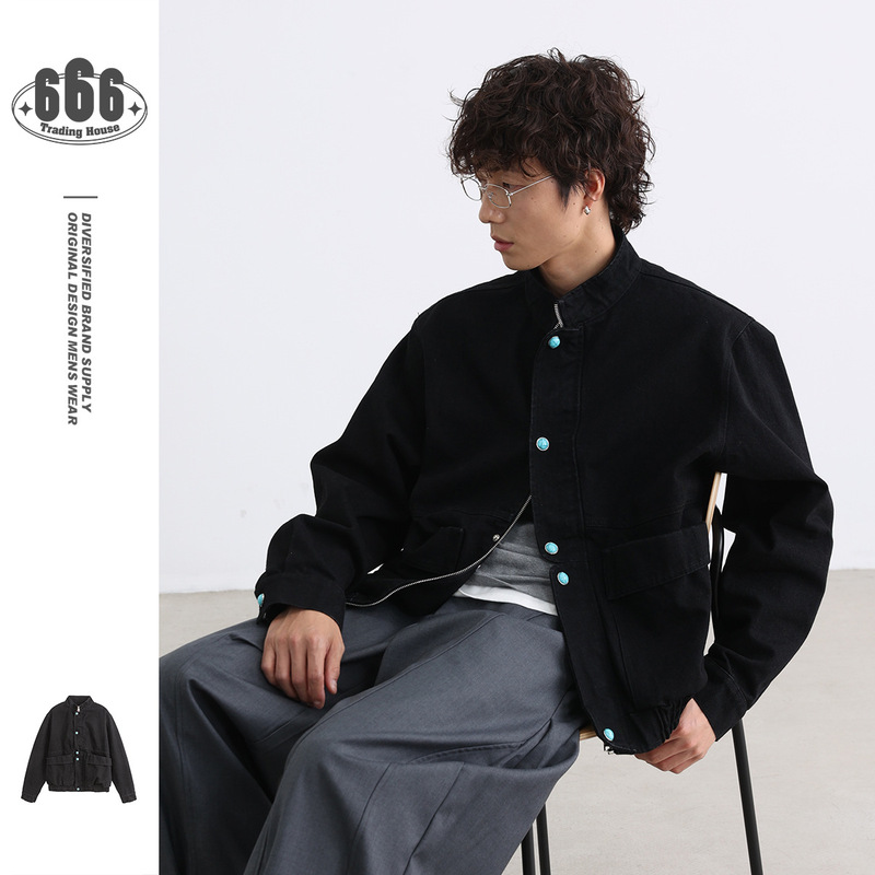 Answer Me American Retro Turquoise Lapel Denim Jacket for Men and Women Loose Spring & Fall Work Jacket W482