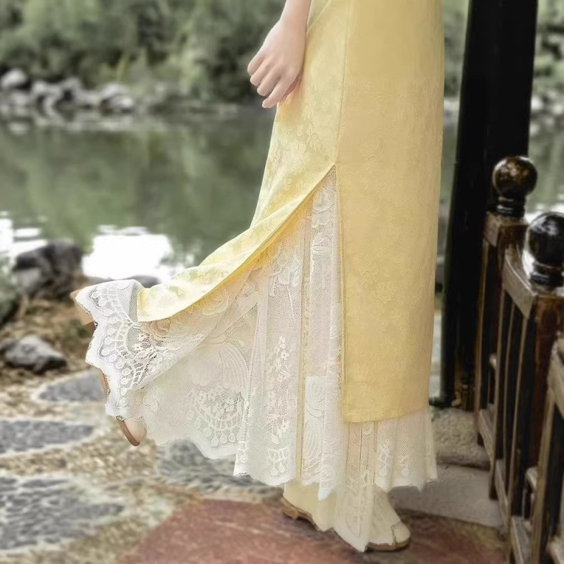 Qipao Petticoat High-Waisted Lace Half-Skirt with Hollow-Out Design, Elastic Retro New Style Versatile Long Slimming Skirt